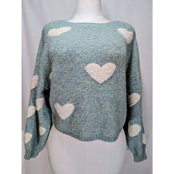 Adora Blue Heart Pattern Fuzzy Knit Sweater Size Large - Picture 2 of 7